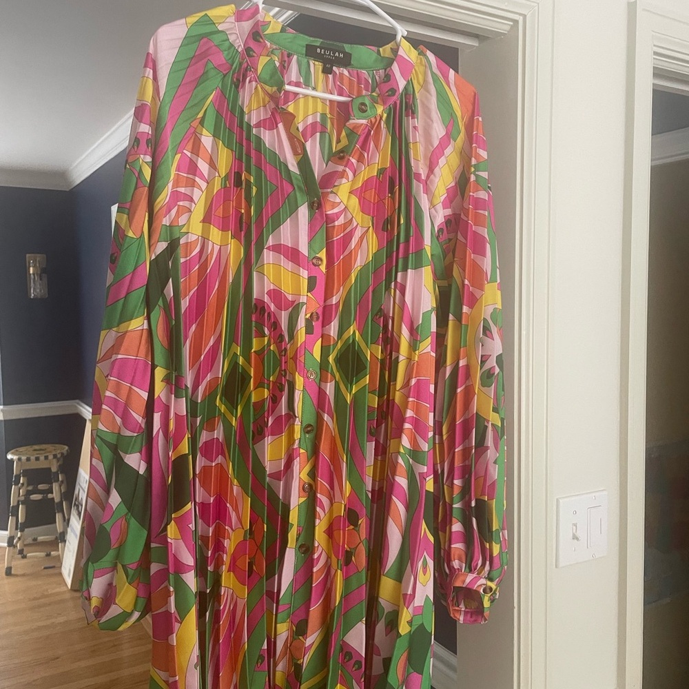 Beulah Multicolor Geometric Mini Dress Pink, Green & Yellow XL - GROOVY